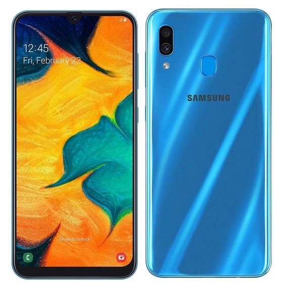Imagem de Smartphone Samsung Galaxy A30, Dual Chip, Azul, Tela 6.4", 4G+Wi-Fi, Android, Câm dupla 16MP+5MP e frontal 16MP, 64GB