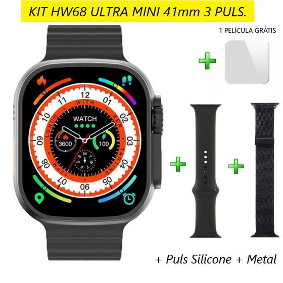 Imagem de Smartwatch HW68 Ultra Mini Tela 1.75" 41mm Esporte e Saúde Kit 3 Puls Metal Preto