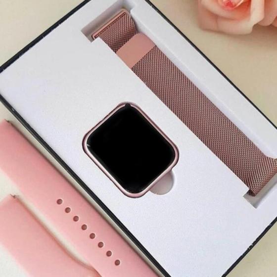 Smartwatch Relógio Inteligente Rosa Feminino T80s Bluetooth Recebe Notificações Pulseira Extra Menor preço em Smartwatch Relógio Inteligente Rosa Feminino T80s Bluetooth Recebe Notificações Pulseira Extra