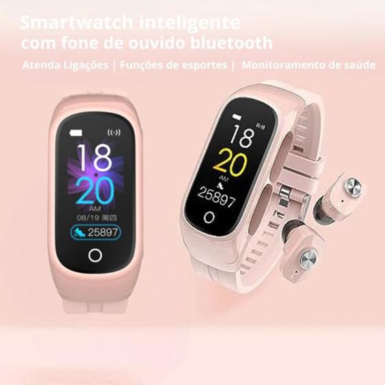 Imagem de Smartwatch Rosa Recarregável + Fone Sem Fio Embutido