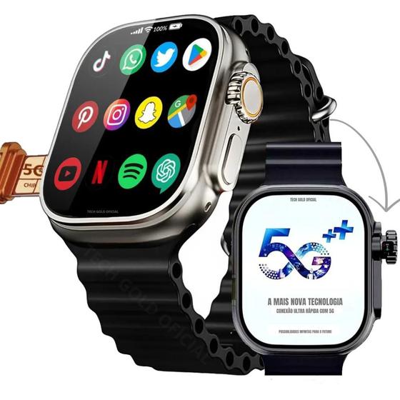 Imagem de  Smartwatch Ultra 5G Sistema Android 64GB Chip Câmera Integrada Celular de pulso WiFi 49mm 2025 4 Pulseiras