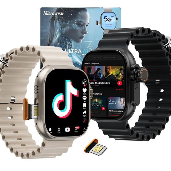 Imagem de Smartwatch Ultra Ai3 PRO 16GB chip 4G câmera frontal rotativa integrada apps playstore tela amoled 49mm NFC + 4 Pulseiras