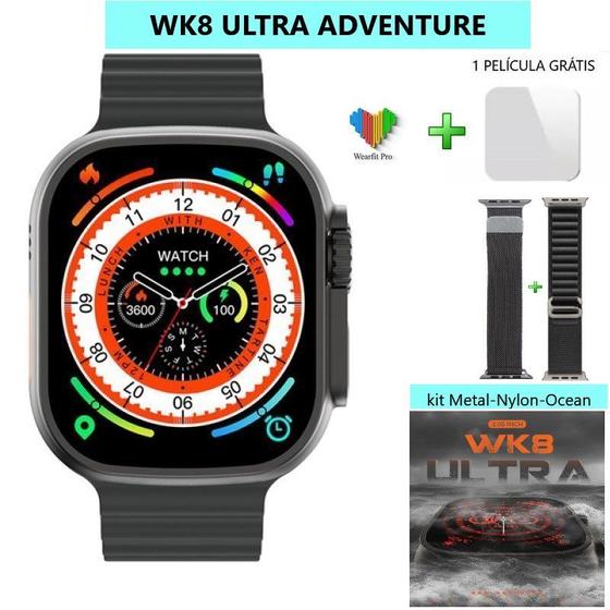 Imagem de Smartwatch WK8 Ultra Tela 2.05" HD Nfc redes Sociais Saúde Kit 3 Puls + Película U 8 9 preto