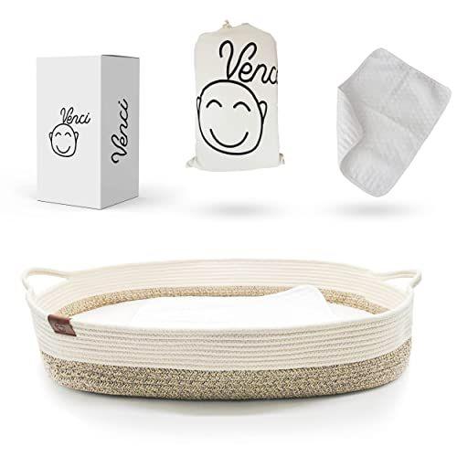 Imagem de Smile Venci Algodão Orgânico Baby Changing Basket - Creme e Bege - 29,5 x 17 x 6 polegadas Trocador de Mesa com Forro Impermeável e Colchão de Espuma - Trocador de Fraldas Dobrável e Embalável