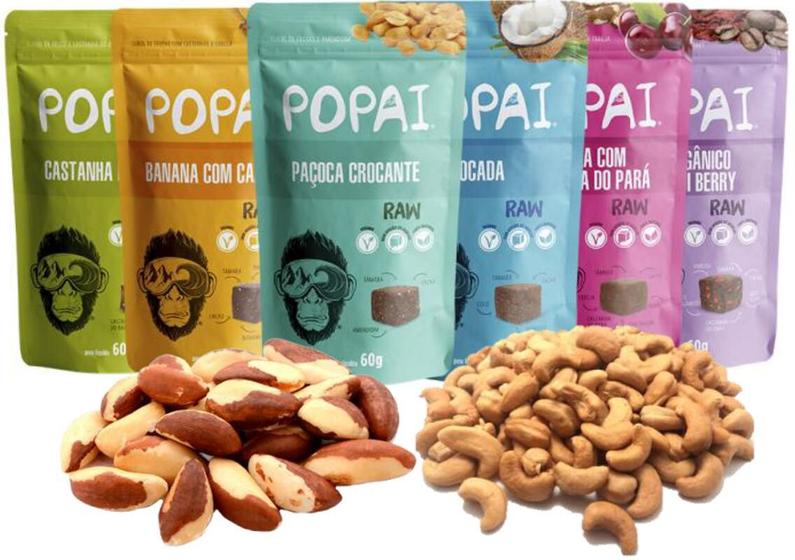 Imagem de Snacks de Proteína Vegano Natural Sem Açúcar + Castanha do Pará Sem Sal 250g + Castanha do Caju 250g - Combo Raw 12 Unid