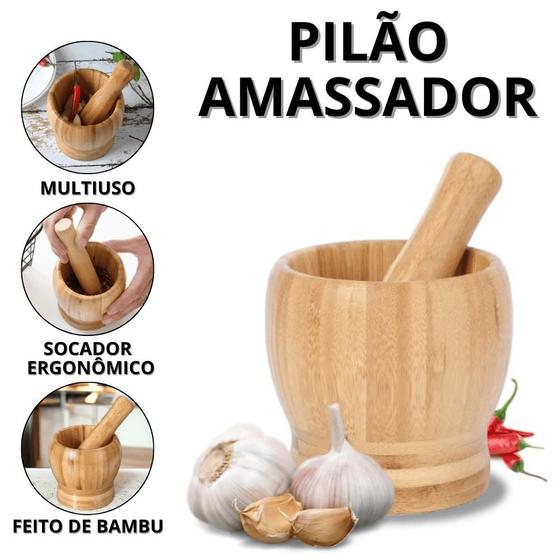 Imagem de Socador De Alho Madeira Pilão De Bambu Pilao Amassador De tempero  Machucador ervas Grãos Cozinha
