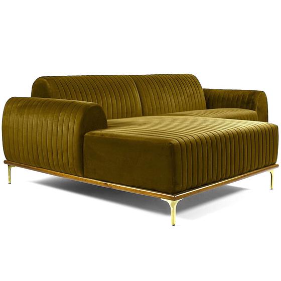 Imagem de Sofá 03 Lugares 230 cm Chaise Direito Molino Base Madeira Pés Gold Veludo Mostarda - CasaePoltrona