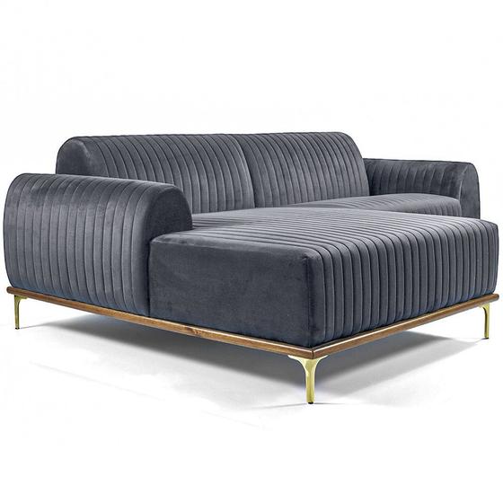 Imagem de Sofá 03 Lugares 230 cm Chaise Direito Molino Base Madeira Pés Gold Veludo Titânio - CasaePoltrona