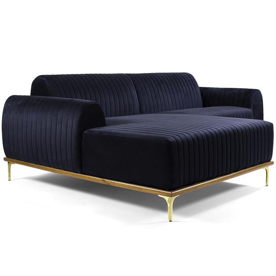 Imagem de Sofá 04 Lugares 265 cm Chaise Direito Molino Base Madeira Pés Gold Suede Azul Marinho - CasaePoltrona