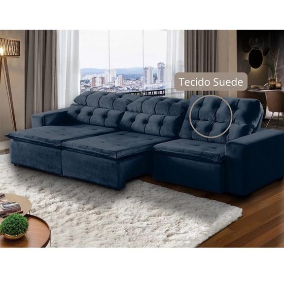 Imagem de Sofá 07 Lugares Retrátil e Reclinável Alasca 350 Cm Pillow TECIDO SUEDE  MegaSul - Azul