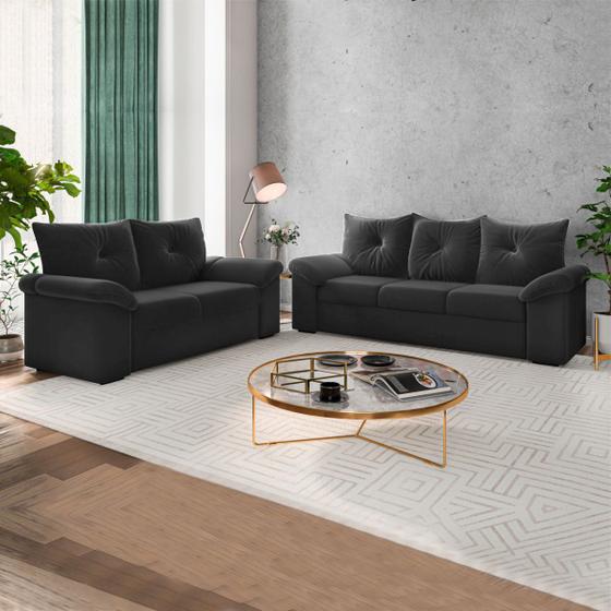 Sofá 2 e 3 Lugares 1015 Veludo Cinza Mamflex Conjunto de Sofás