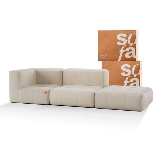 Imagem de Sofá 2 lugares Modular com Apoio Puff  Sofá na Caixa em Boucle com 3 Módulos 2,58m  1 Braço