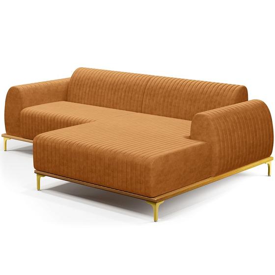 Imagem de Sofá 3 Lugares com Chaise Direito Para Sala de Estar Molino 230cm D02 Base Castanho Pés D'ouro material sintético Whisky B-90 - Lyam Decor