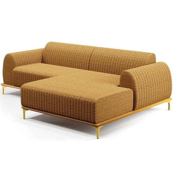 Imagem de Sofá 3 Lugares com Chaise Direito Para Sala de Estar Molino 245cm D02 Base Castanho Pés D'ouro Prime Bouclê Mostarda PB-03 - Lyam Decor