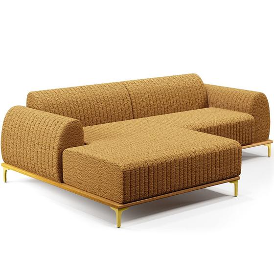 Imagem de Sofá 3 Lugares com Chaise Esquerdo Para Sala de Estar Molino 245cm D02 Base Castanho Pés D'ouro Prime Bouclê Mostarda PB-03 - Lyam Decor