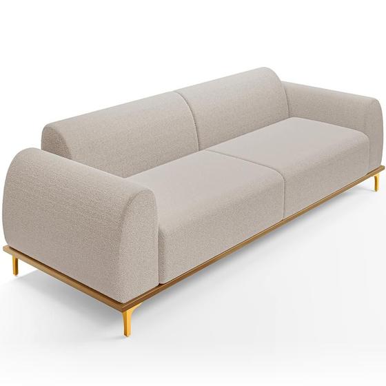 Imagem de Sofá 3 Lugares Para Sala de Estar Kiev 230cm D02 Base Castanho Pés D'ouro Bouclê Creme B-54 - Lyam Decor