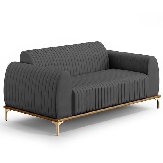 Imagem de Sofá 3 Lugares Para Sala de Estar Molino 180 cm D02 Pés D'Ouro Veludo Cinza C-317 - Lyam Decor