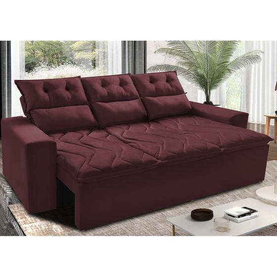 Imagem de Sofá 3 Lugares Retrátil e Reclinável 2,00m Cama inBox Smal com bordado pantográfico Suede Vinho