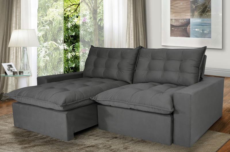 Sofá 3 Lugares Retrátil e Reclinável Com Pillow 2,10m Maximus Veludo Cinza Menor preço em Sofá 3 Lugares Retrátil e Reclinável Com Pillow 2,10m Maximus Veludo Cinza