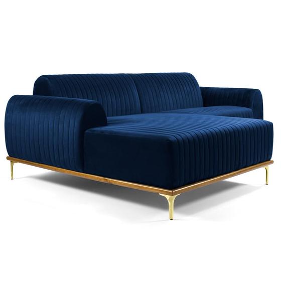 Imagem de Sofá 320cm 5 Lugares com Chaise Esquerdo Pés Gold Molino B-304 Veludo Azul Marinho - Domi