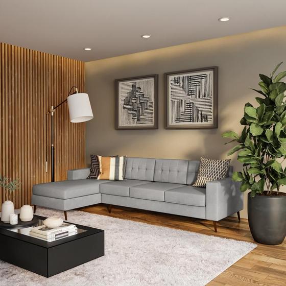 Imagem de Sofá 4 Lugares Calmness com Chaise Esquerdo Pé Palito Linho Cotton Cinza