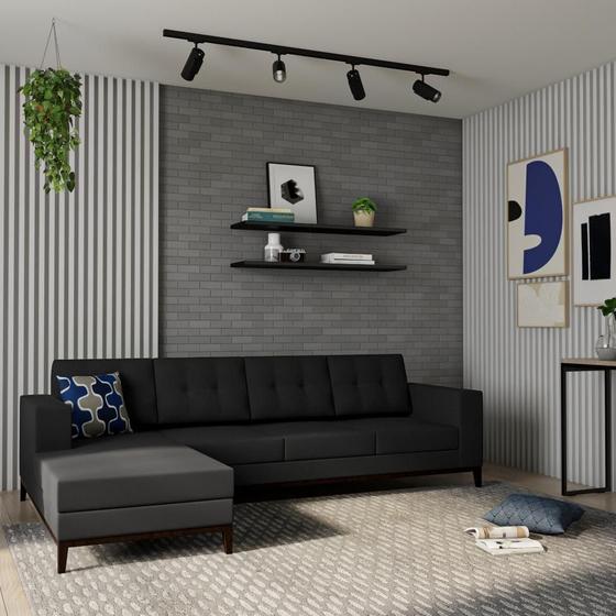 Imagem de Sofá 4 Lugares Leave com Chaise Esquerdo Pés e Base em Madeira Linho Cotton Grafite