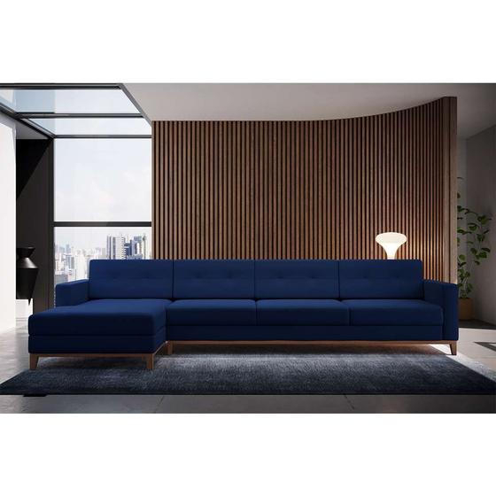 Imagem de Sofá 4 Lugares Living com Chaise Esquerdo Pés e Base em Madeira Linho Cotton Azul Marinho