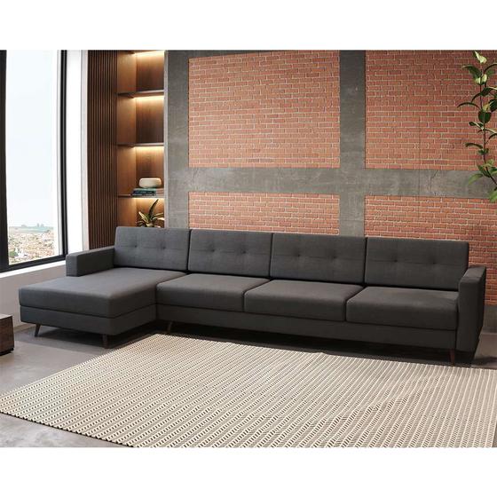 Imagem de Sofá 4 Lugares Living com Chaise Pé Palito Linho Cotton Grafite Escuro