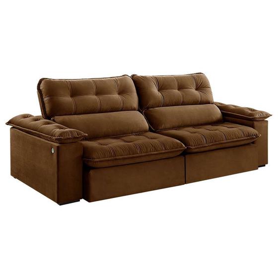 Sofá 4 Lugares Retrátil e Reclinável Jobi com USB Veludo Marrom 254 cm - Estofart Imagem de Sofá 4 Lugares Retrátil e Reclinável Jobi com USB Veludo Marrom 254 cm