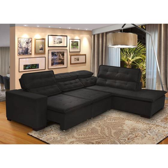 Imagem de Sofá 5 Lugares Canto 2,80x2,20 m Sttilo Retrátil e Reclinável Chaise E Pillow e Molas PRETO - Megasul