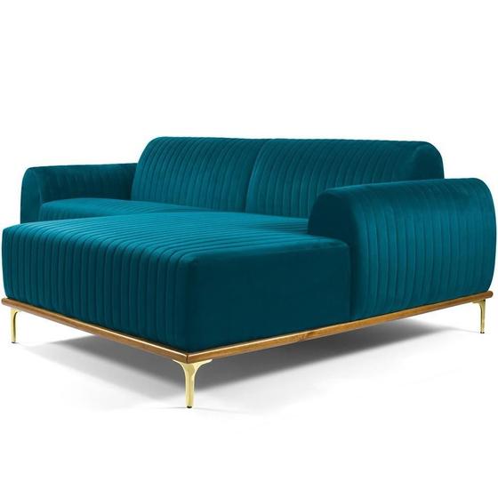 Imagem de Sofá 5 Lugares com Chaise Direito Para Sala Molino 320 cm D02 Veludo Azul Turquesa B-66 - Lyam Decor