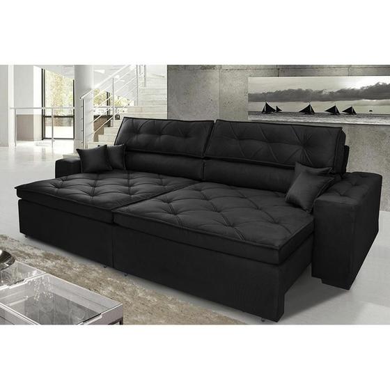 Imagem de Sofá Austin 2,02m Retrátil, Reclinável, Molas no Assento e Almofadas, Tecido Suede Velusoft Preto