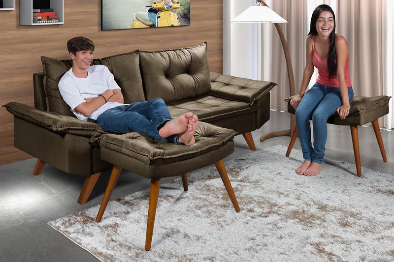 Imagem de Sofa Bariloche 3 Lugares com duas Banquetas Marrom Essencial Estofados