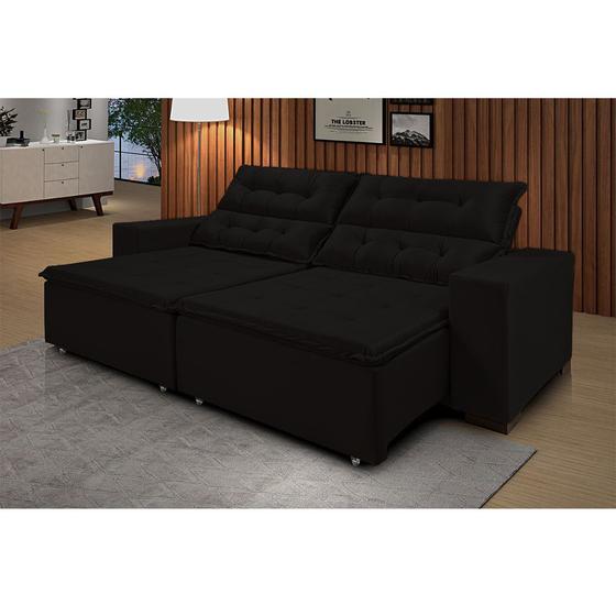Sofá California 4 Lugares 1,6m Retrátil Reclinável Veludo Preto Braços