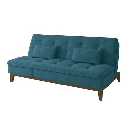 Imagem de Sofá-Cama 3 Lugares Casal Amanda com Pés de Madeira Suede Azul