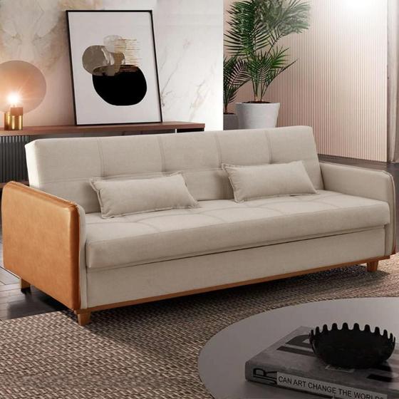 Sofá Cama Baú Lavras 205cm Suede Bege com Braço em Sintético Marrom Menor preço em Sofá Cama Baú Lavras 205cm Suede Bege com Braço em Sintético Marrom