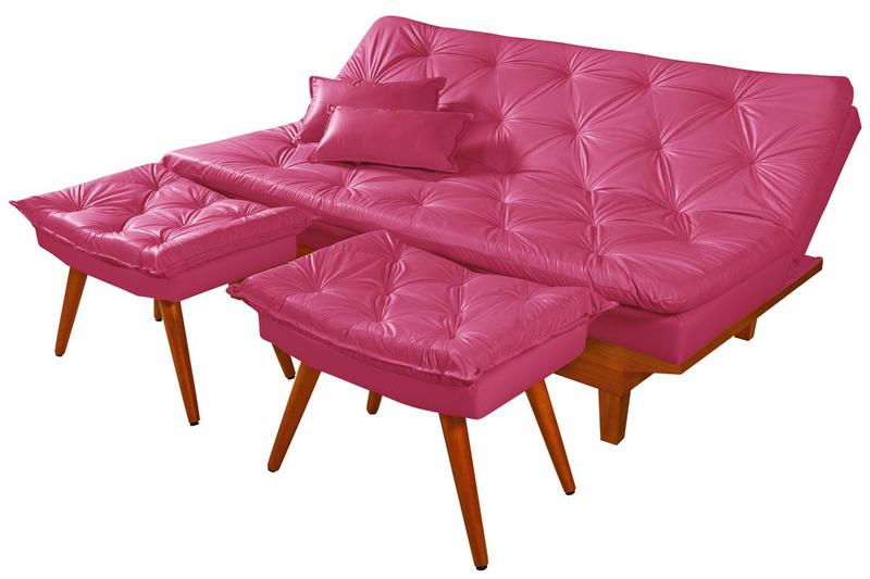 Imagem de Sofa Cama Caribe Em Material Sintetico + Duas Banquetas Rosa