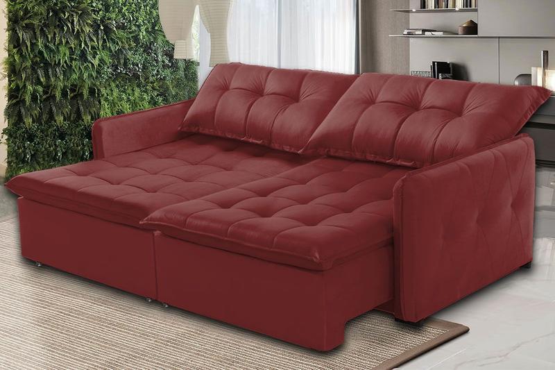 Sofá Cama Casal Retrátil 230 Cm Mola Bonnel Braço Fino Pillow Evolution Veludo Vermelho - Grandellar Menor preço em Sofá Cama Casal Retrátil 230 Cm Mola Bonnel Braço Fino Pillow Evolution Veludo Vermelho - Grandellar