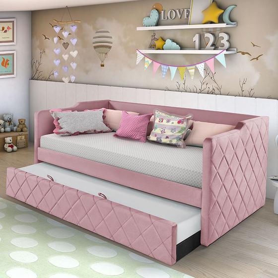 Sofá Cama Dubai Infantil em Madeira Maciça e Revestimento de Tecido Veludo Pavia Rosa - Valorize Menor preço em Sofá Cama Dubai Infantil em Madeira Maciça e Revestimento de Tecido Veludo Pavia Rosa - Valorize