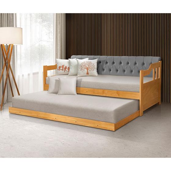 Imagem de Sofá Cama Dublin Estofado Capitonê Veludo Cinza Madeira com Cama Auxiliar - Imbuia