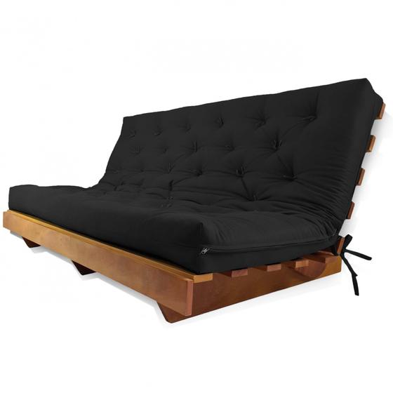 Imagem de Sofá Cama Futon L Sarja Preto em Madeira Nobre Maciça