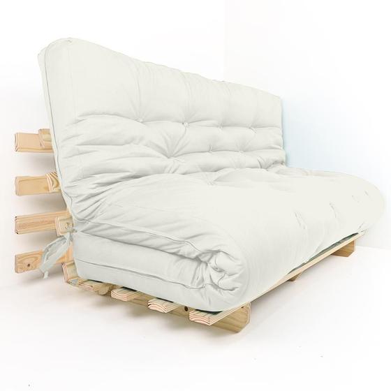 Imagem de Sofa Cama Futon Oriental King Branco Off Sarja Impermeável Madeira Maciça Pinus Natural Sem Pintura