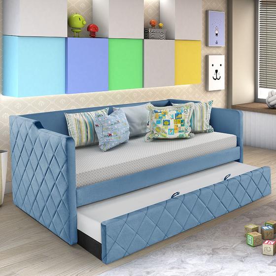 Sofá Cama Infantil em Madeira Maciça e Veludo Pavia Azul Dubai - Valorize Menor preço em Sofá Cama Infantil em Madeira Maciça e Veludo Pavia Azul Dubai - Valorize