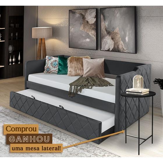 Imagem de Sofá Cama Luxo Madeira Revestimento Veludo Pávia Dubai Cinza Apanha Mesa Lateral Preta