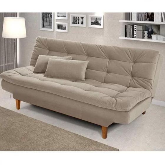 Sofá Cama para Copa Base Madeira Maciça Palazzio com 2 Almofadas Suede Bege Areia Menor preço em Sofá Cama para Copa Base Madeira Maciça Palazzio com 2 Almofadas Suede Bege Areia