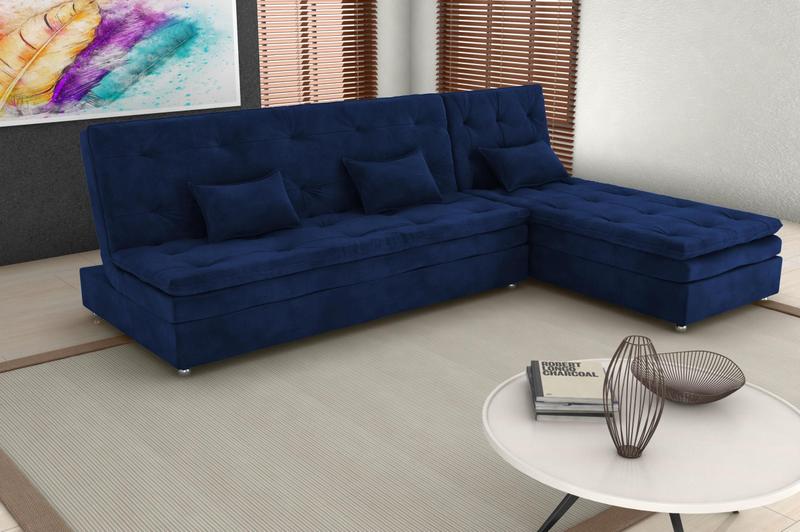 Imagem de Sofá Cama Reclinavel com Chaise Penélope Suede Azul B254 - Matrix