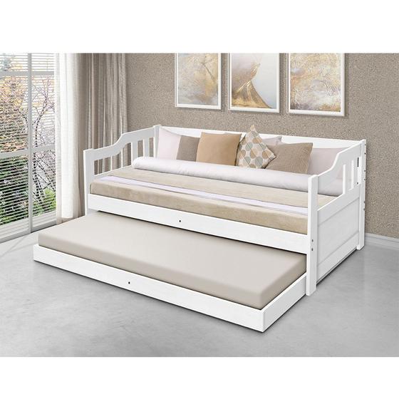 Imagem de Sofa Cama Solteiro de Madeira com Braços e 2 Colchões - Branco 