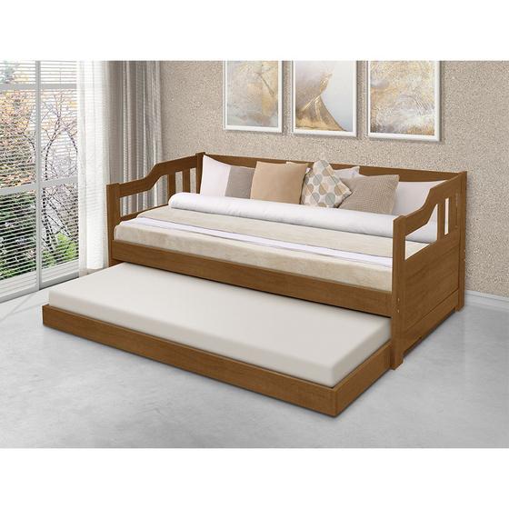 Imagem de Sofa Cama Solteiro de Madeira com Cama Auxiliar + 2 Kits - Imbuia 