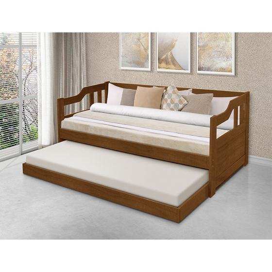 Imagem de Sofa Cama Solteiro de Madeira com Cama Auxiliar com 2 Colchões - Castanho 