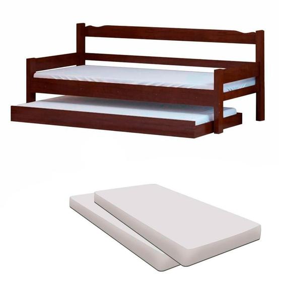 Imagem de Sofá cama solteiro de madeira maciça com cama auxiliar e colchão Nemargi Castanho
